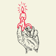 Hand draw composition with human palm and red candle in vintage retro style. Design concept art for old school tattoo, banner, sticker, print. Vector fashion cartoon illustration.