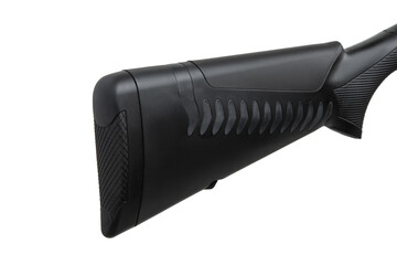Close-up of black rubberized shotgun buttstock with textured pad and ergonomic design, isolated on white back