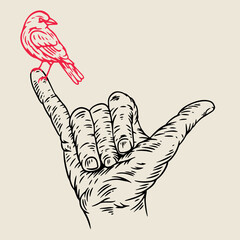 Hand draw composition with human palm gesture and red bird in vintage retro style. Design concept art for old school tattoo, banner, sticker, print. Vector fashion cartoon illustration.