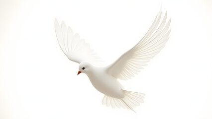 Obraz premium A pure white dove in mid-flight, representing the Holy Spirit, with intricate feather details and a clean white background for versatile spiritual use.