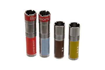 Set of four color-coded shotgun choke tubes with different constrictions, isolated on white back