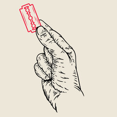 Hand draw composition with human palm and red blade in vintage retro style. Design concept art for old school tattoo, banner, sticker, print. Vector fashion cartoon illustration.