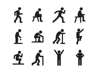 A collection of black stick figure illustrations showcasing various human activities, including walking, running, sitting, exercising, and using assistive devices.