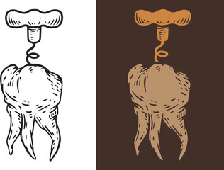 Tooth with corkscrew in hand drawn vintage style. Color and outline design concept art for old school tattoo, banner, sticker, print. Vector fashion retro illustration.