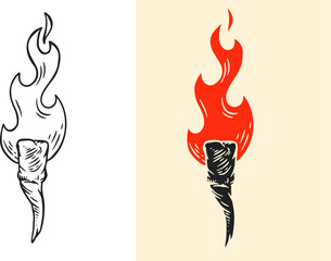 Tooth with fire or flame in hand drawn vintage style. Color and outline design concept art for old school tattoo, banner, sticker, print. Vector fashion retro illustration.