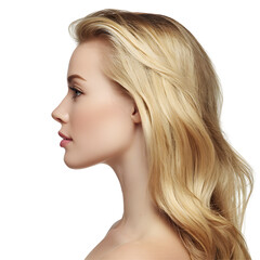 Close-up profile side view of a beautiful blonde woman, isolated on white background 
