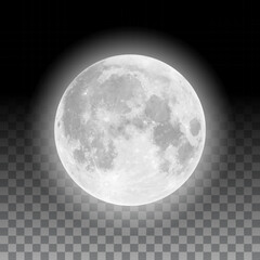 Realistic detailed full big grey moon isolated on layered transparent background. Creative Vector illustration