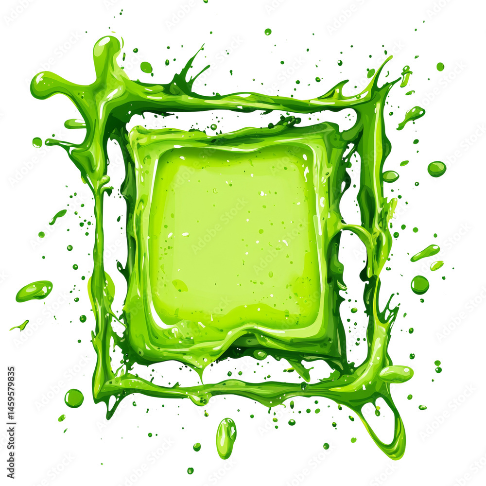 Poster vivid green paint splash frame, square format with dynamic drippings effect
