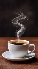 Steam Rising from a Freshly Brewed Cup of Coffee on a Wooden Table