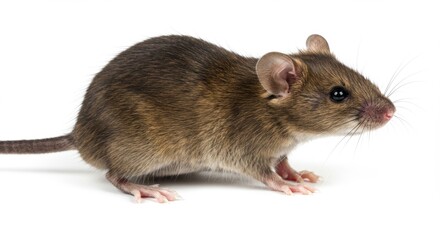 Brown Mouse Standing Alert on White Background Ready for Scientific Study or Pest Control Advertisement with Detailed Fur and Whiskers