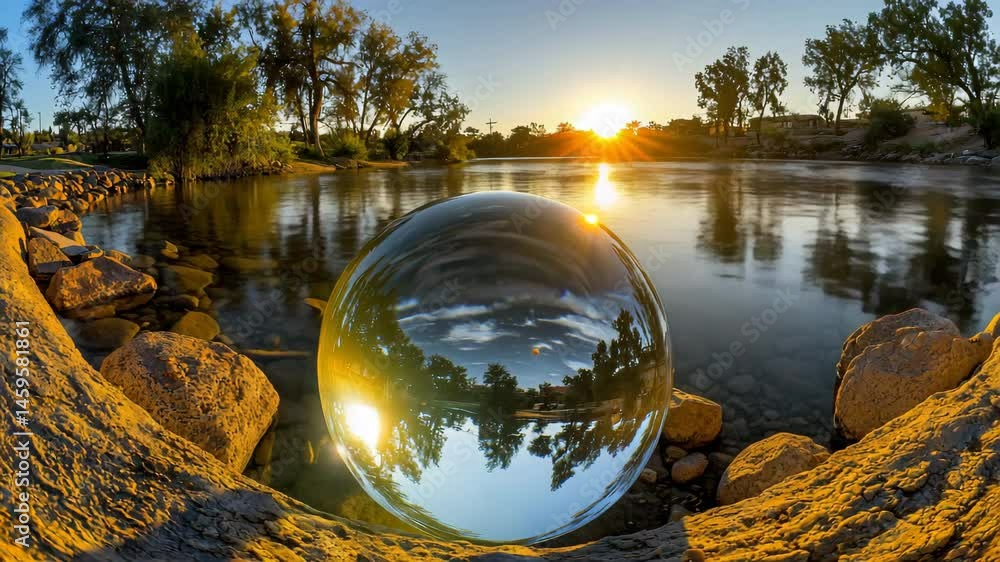 Poster captivating reflection of a vibrant sunset in a bubble situated within a serene rock pool setting