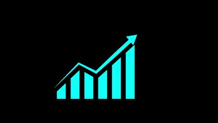 Glowing cyan bar chart with ascending bars and upward arrow on dark background, symbolizing financial growth, business success, investment trends, and data analytics
