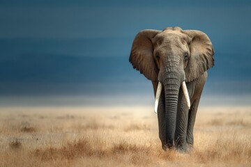 Fototapeta premium Majestic African elephant walks towards the camera in a dry savanna under a dramatic sky.