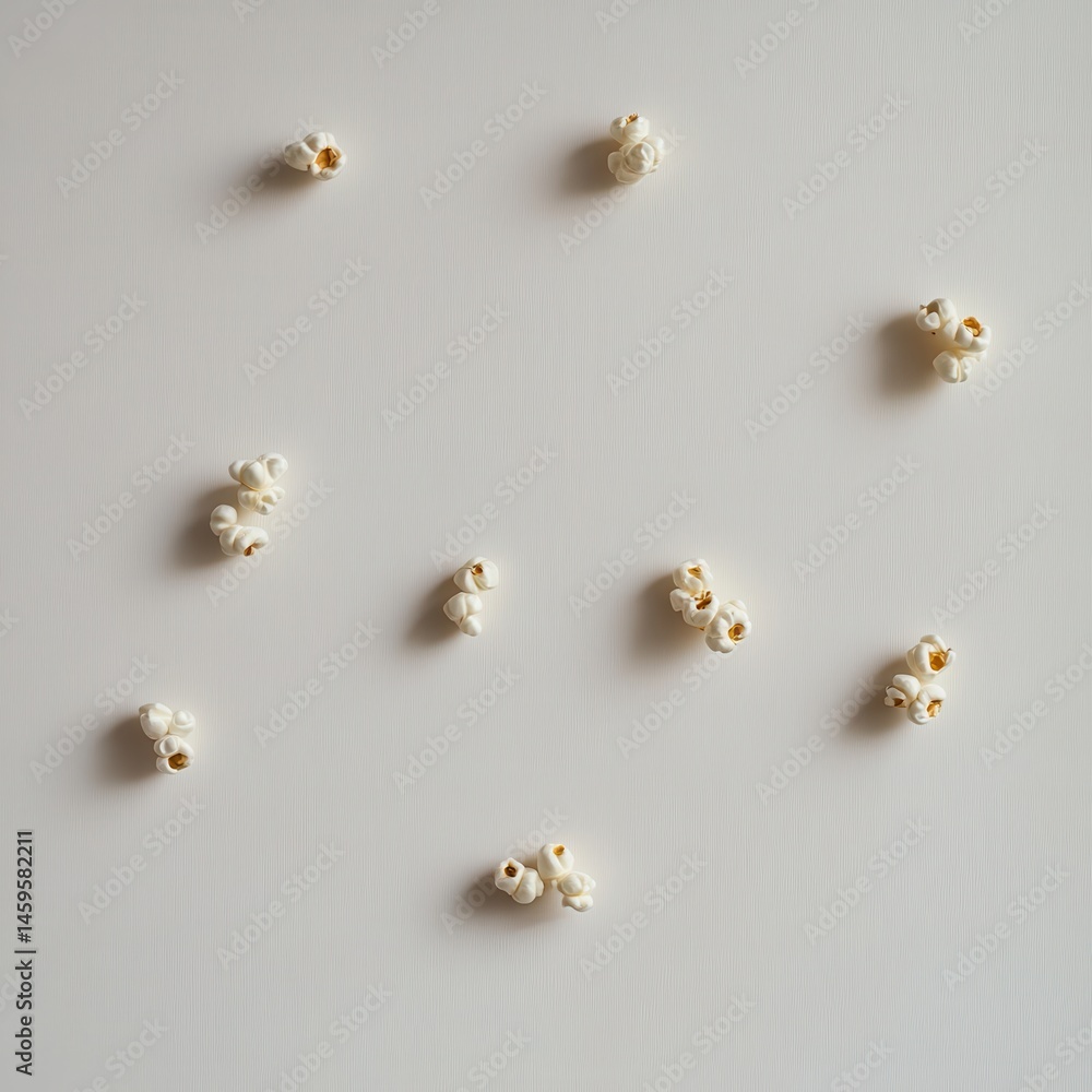 Aufkleber popcorn scattered on a white background forming an abstract pattern. food art and simple pleasures a