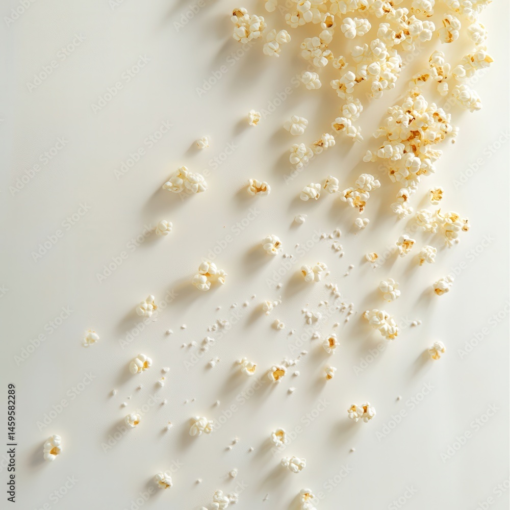 Poster popcorn cascade: a delightful stream of airy, crunchy kernels scattering across a pristine white sur