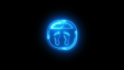 Glowing blue neon weighing scale icon with footprints on black background
