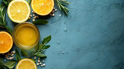oranges, lemons and rosemary on a blue background