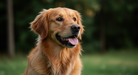 Golden retriever dog portrait outdoors with green background looking to the side.