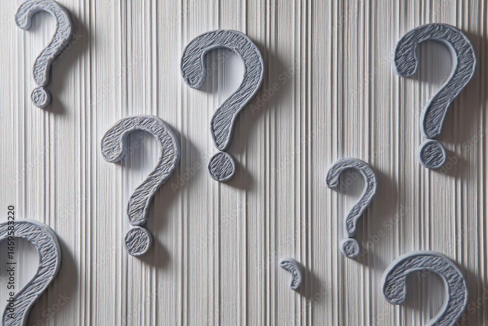 Poster Gray question marks on a textured white background, creating a design symbolizing inquiry, uncertainty, or a need for answers.  Free space available