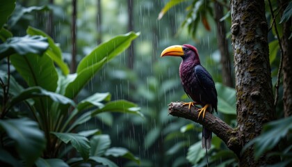 Naklejka premium A colorful hornbill perches on a branch in a lush, rainy tropical rainforest surrounded by vibrant green foliage.