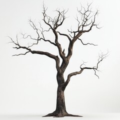 Bare, gnarled tree against white background.  Detailed, textured, and leafless trunk and branches