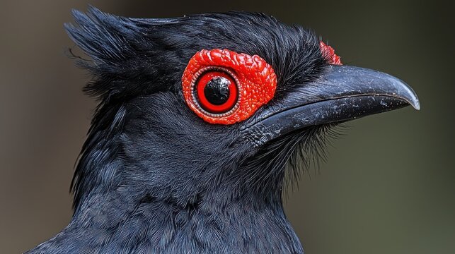 Close-up profile of a black bird with striking red eye rings.  Intricate plumage details are visible