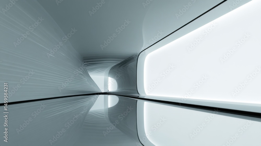 Poster futuristic tunnel design with sleek lines and illuminated surfaces in a modern architectural setting