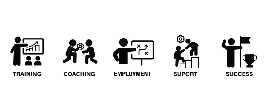 Flat icon set of Mentoring , containing Training, coaching, employment, suport and success vector icon in transparent background. Icon set of Bussiness.