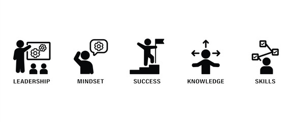 Flat icon of Startup and development, containing leadership, mindset, success, knowledge and skills vector icon set in transparent background. Icon set of Development.