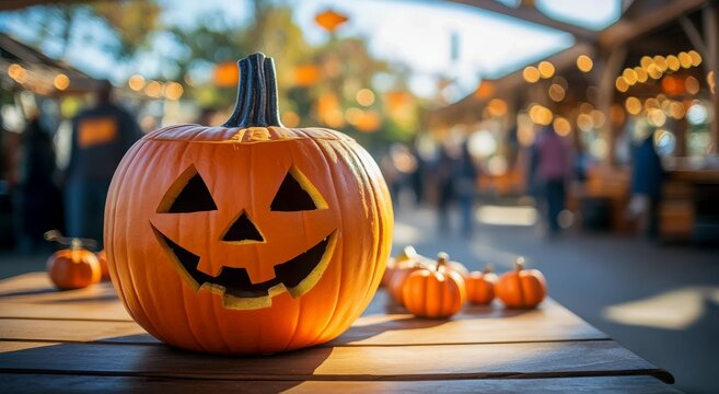 A high - quality image of a Halloween - themed pumpkin placed in the middle of an open - air food court. The warm sunlight bathes the scene, casting soft shadows and highlighting the intricate details