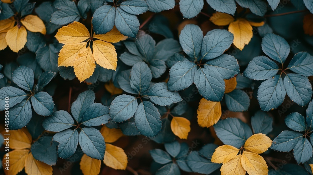 Poster close-up view of teal and golden leaves, creating a textured natural pattern