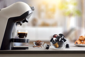 Preparing breakfast coffee with espresso machine in living room