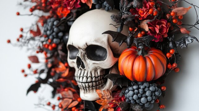 Close-up view of a high-quality Halloween-themed skull wreath adorned with skulls, pumpkins, and bats, set against a clean white background. This charming Halloween decoration is perfect for home deco