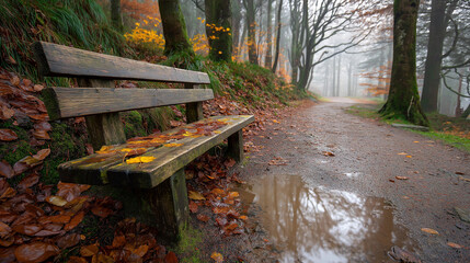 A serene autumn scene with fog and a wooden bench
