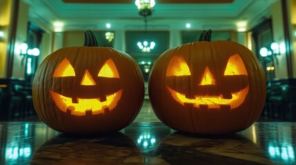 Fototapeta premium Halloween Horror Scene: Glowing Grinning Pumpkins in Empty Hotel Lobby with Dramatic Overhead Lighting. Hyper-Realistic Wide-Angle Composition for Game Assets, Spooky Decorations