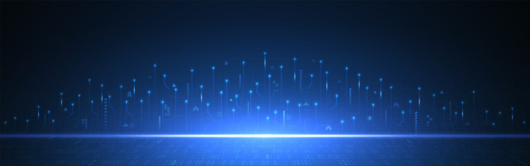 Technology growth background. Circuit with glowing lines, binary code and digital data flow on dark blue. Rising arrows up for futuristic, innovation or software themes. Vector Illustration.