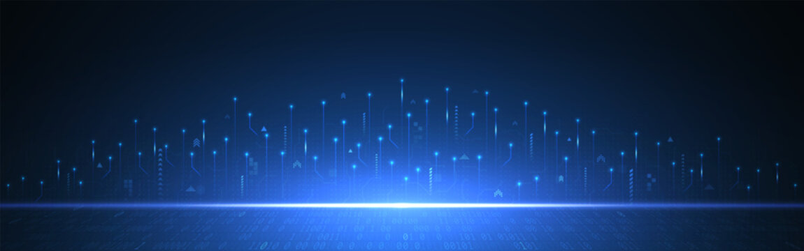 Technology growth background. Circuit with glowing lines, binary code and digital data flow on dark blue. Rising arrows up for futuristic, innovation or software themes. Vector Illustration.