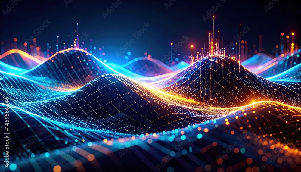 Poster dynamic wave patterns of light and color digital realm abstract art virtual environment aerial view 