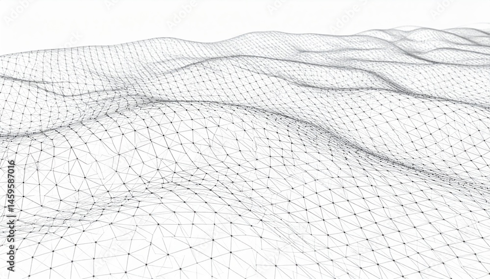 Poster exploring abstract 3d wireframe landscape virtual space digital art minimalist design aerial view fu