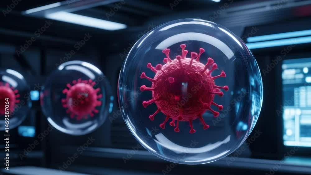 Poster microscopic view of virus in laboratory with digital screens and futuristic design elements 4k video