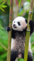 Obraz premium Adorable Baby Panda Climbing Bamboo in a Lush Green Habitat