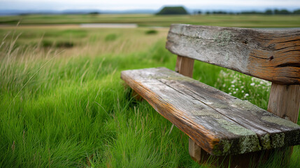 Fototapeta premium Weathered wooden bench in a green grassy field