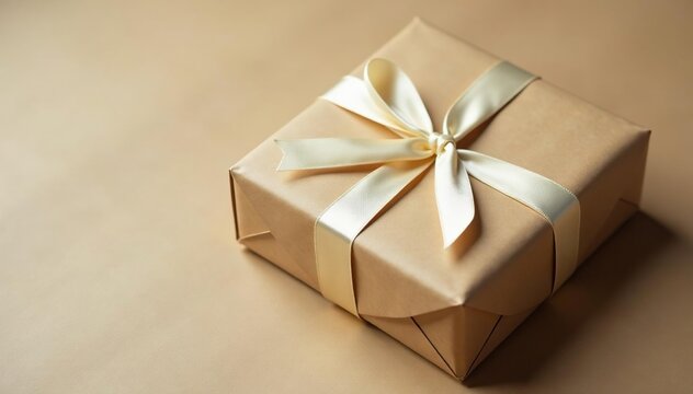 Brown kraft paper parcel, tied with ivory silk, soft lighting , light, eco, package