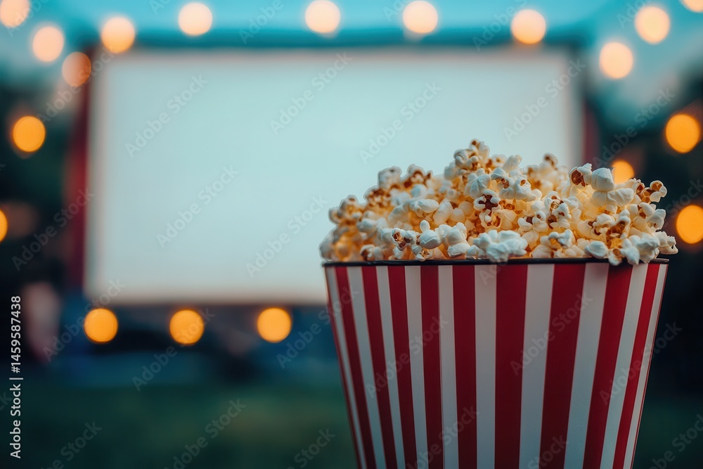 Poster enjoying an outdoor movie with a snack, featuring a red and white striped bucket full of popcorn in 