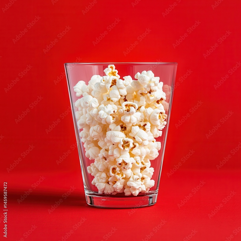 Poster a clear glass filled with fluffy white popcorn, set against a solid red backdrop. a simple, yet appe