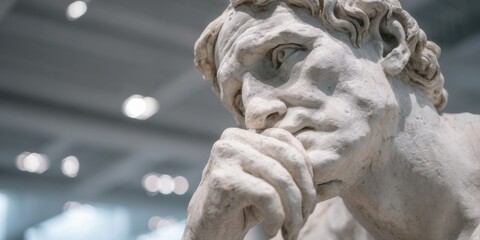 Naklejka premium Thoughtful sculpture of a man in contemplation located in a modern art gallery setting with warm lighting
