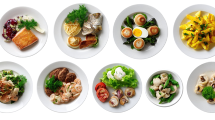 Culinary Journey: A high-angle shot showcasing a variety of artfully presented dishes on a clean surface. each plate is a unique blend of flavors, colors and textures