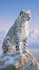 Obraz premium Majestic Snow Leopard on Mountain Peak in Winter Landscape