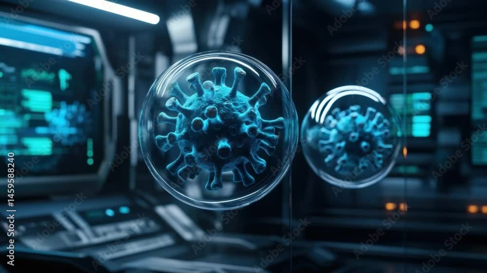 Poster 3d visualization of microscopic viruses displayed on a high-tech screen in a futuristic laboratory e