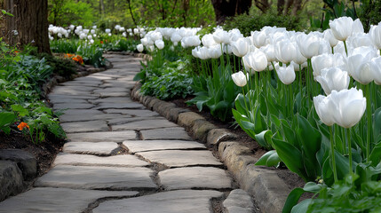 A serene garden path lined with white tulips and lush greenery